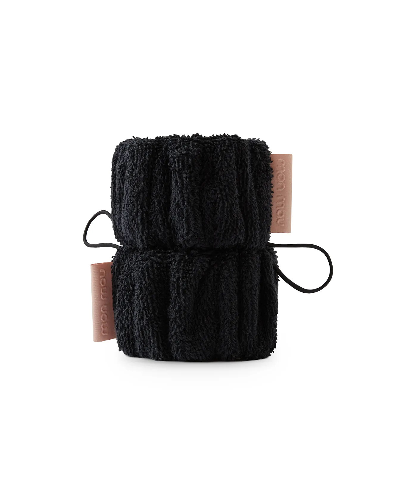 Exfoliating body mitt in black with pink leather tabs and a hanging loop