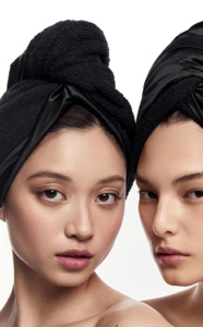 Two women wearing black head wraps, posing in a close-up portrait with a light background.
