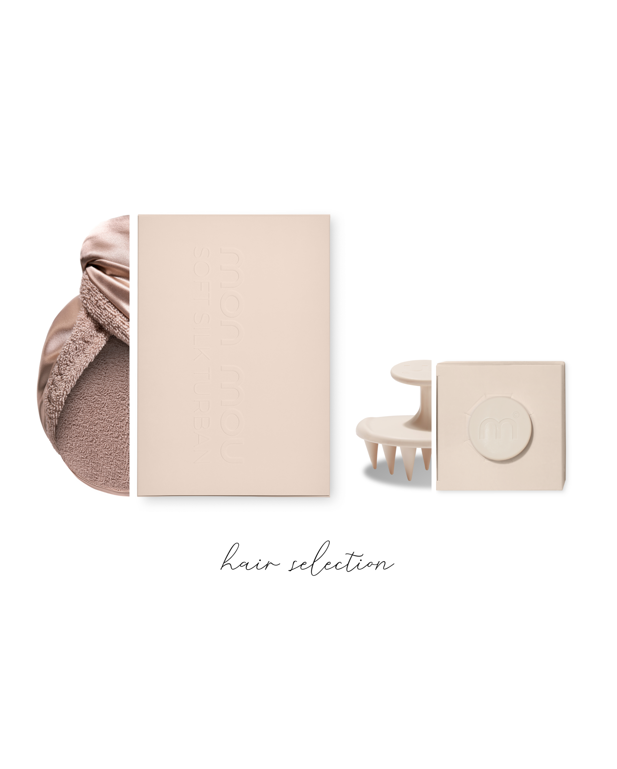 Beige packaged beauty products arranged in a flat lay with a soft towel, on a white background, text reading 'hair selection' below.