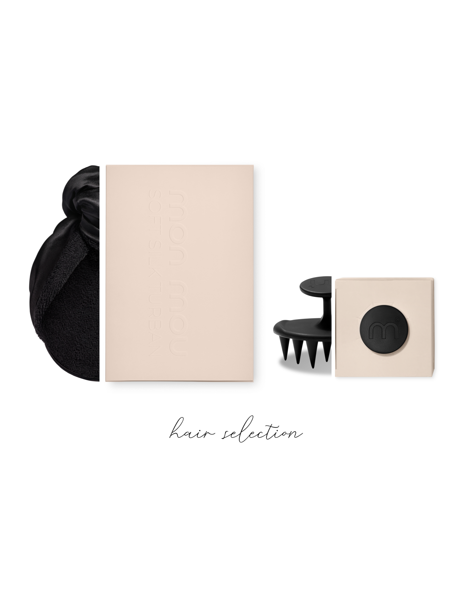 Beige packaged beauty products with a black hair tool on a white background.