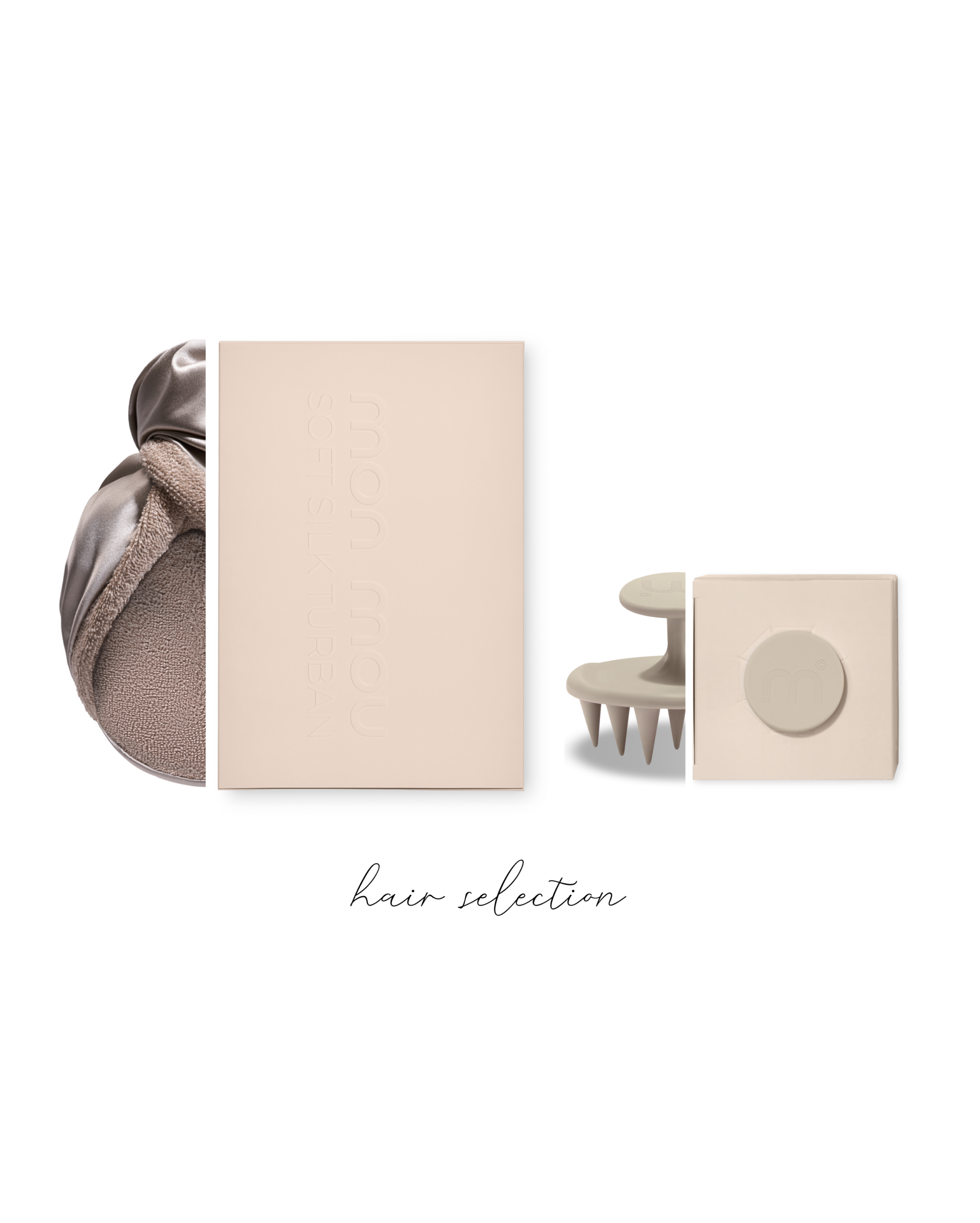 Flat lay of beige cosmetic boxes with a soft brown scarf and hair accessory on a white background, conveying a minimalist beauty product layout.