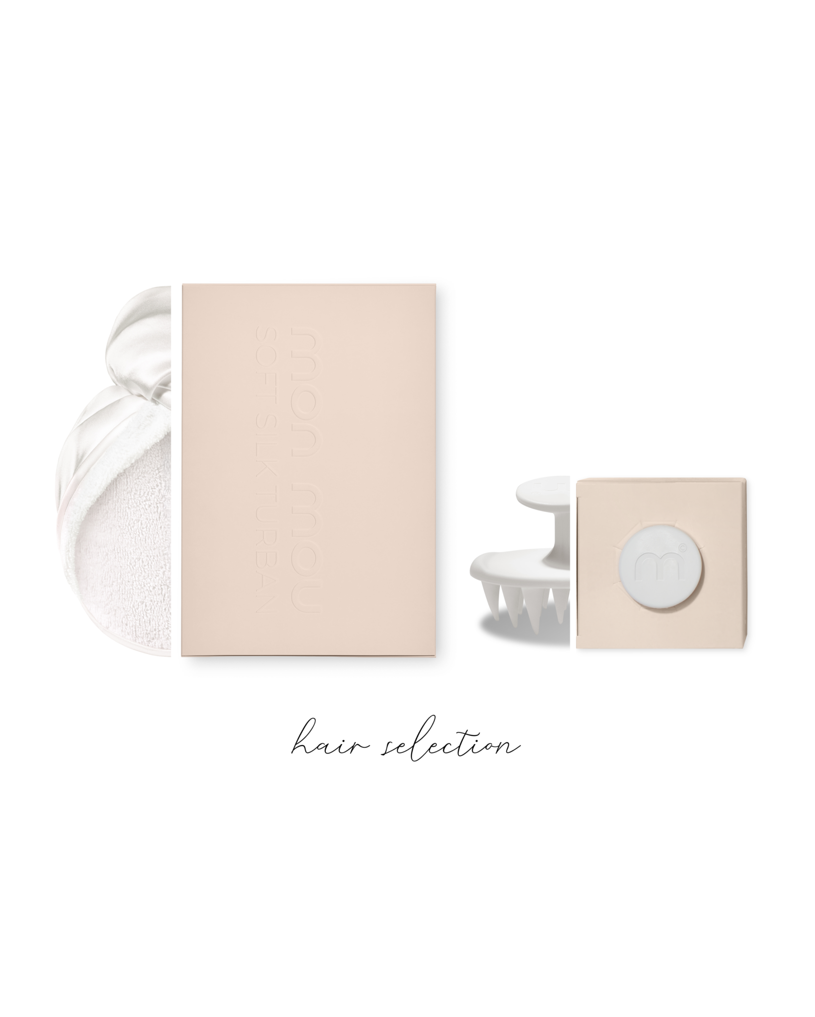 Flat lay of nude-pink beauty boxes with a soft white towel on the left and a white grooming tool on the right against a white background, captioned 'hair selection' at the bottom.
