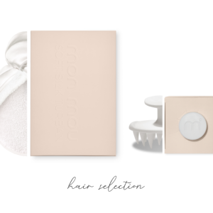 Beige packaging boxes with a soft white towel on the left and cursive 'hair selection' text at the bottom.