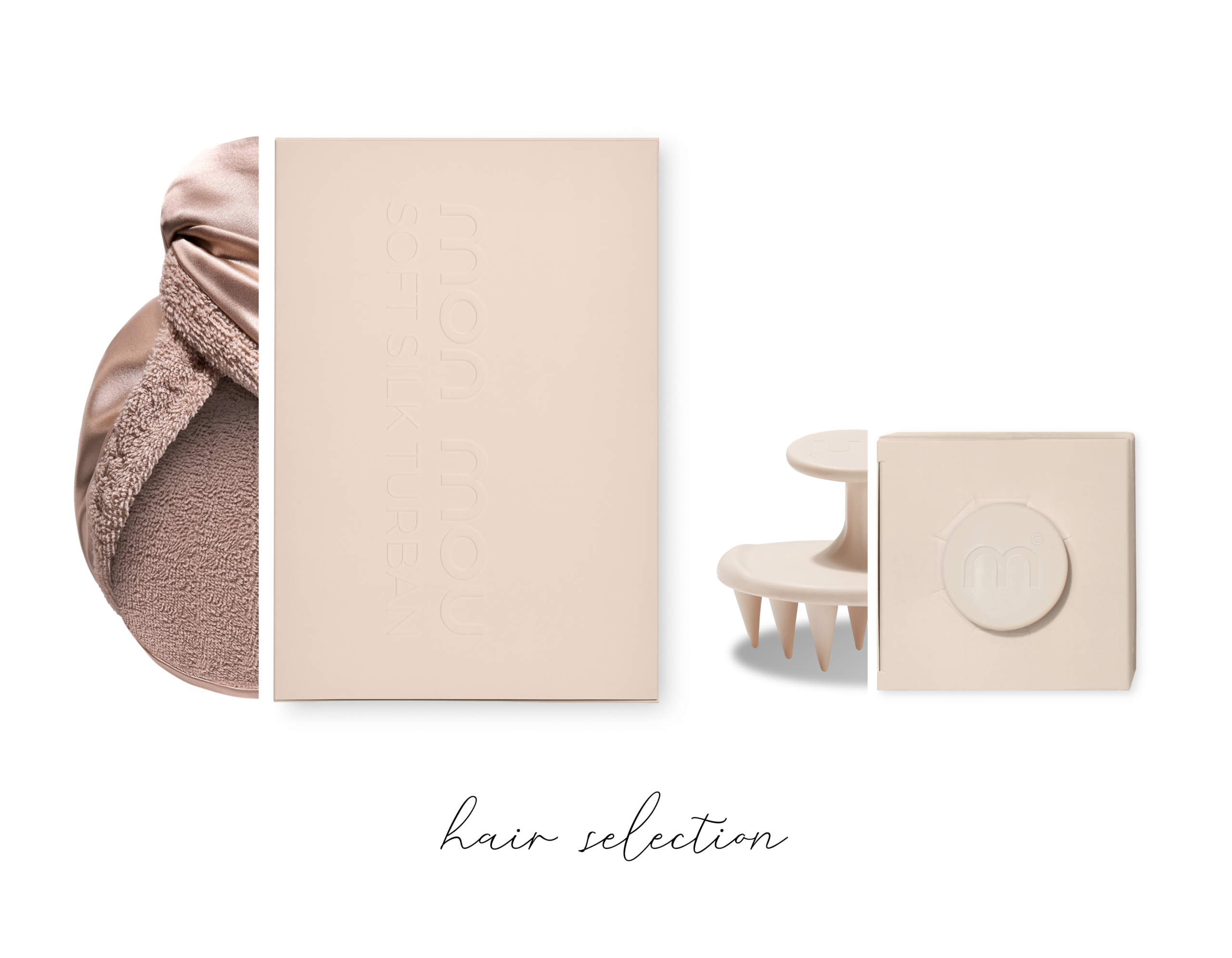 Beige beauty product boxes, a fluffy towel, and hair styling tools arranged in a flat lay for a hair care collection banner.