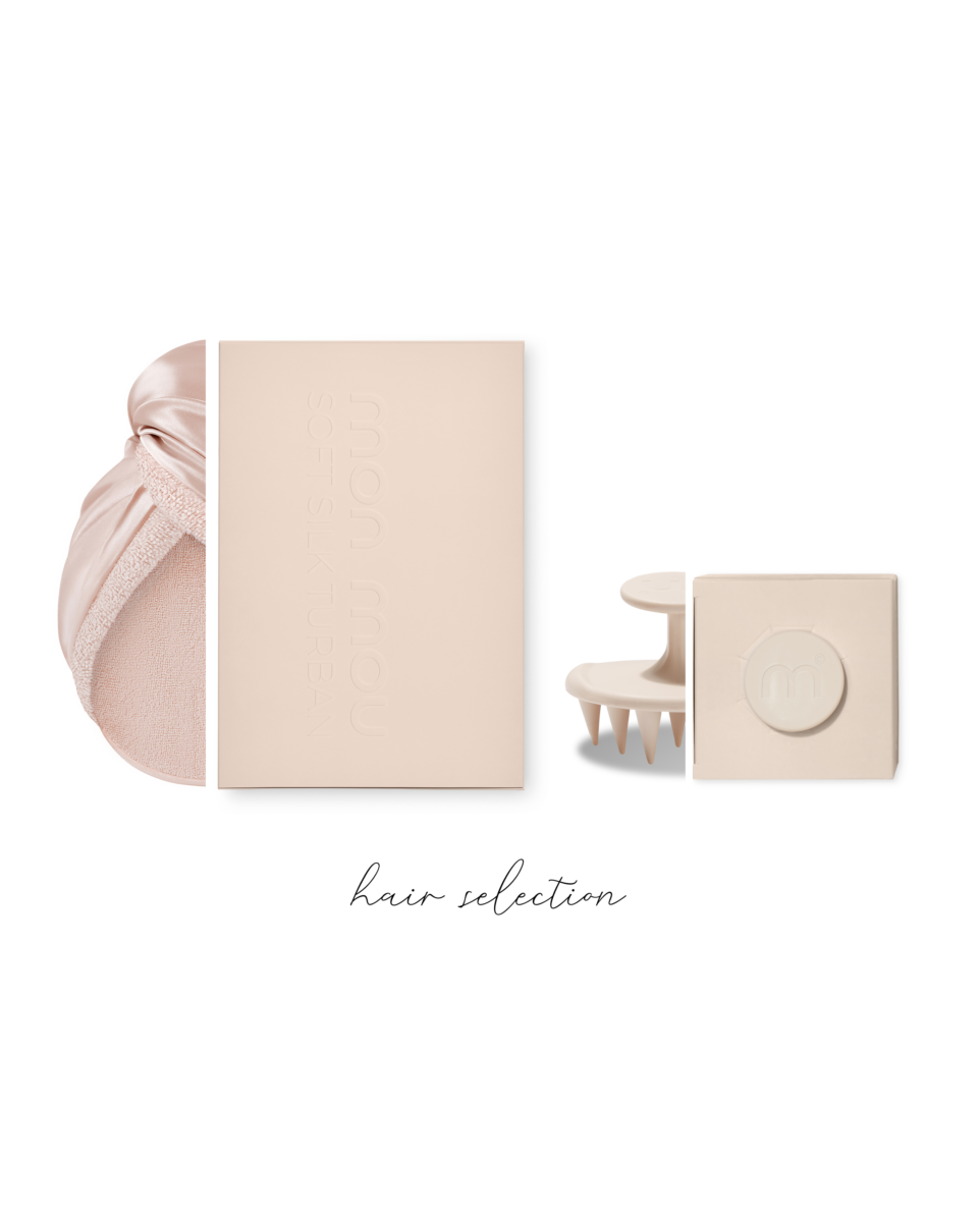 Minimalist peach-toned beauty packaging on a white background with the cursive phrase 'hair selection'.