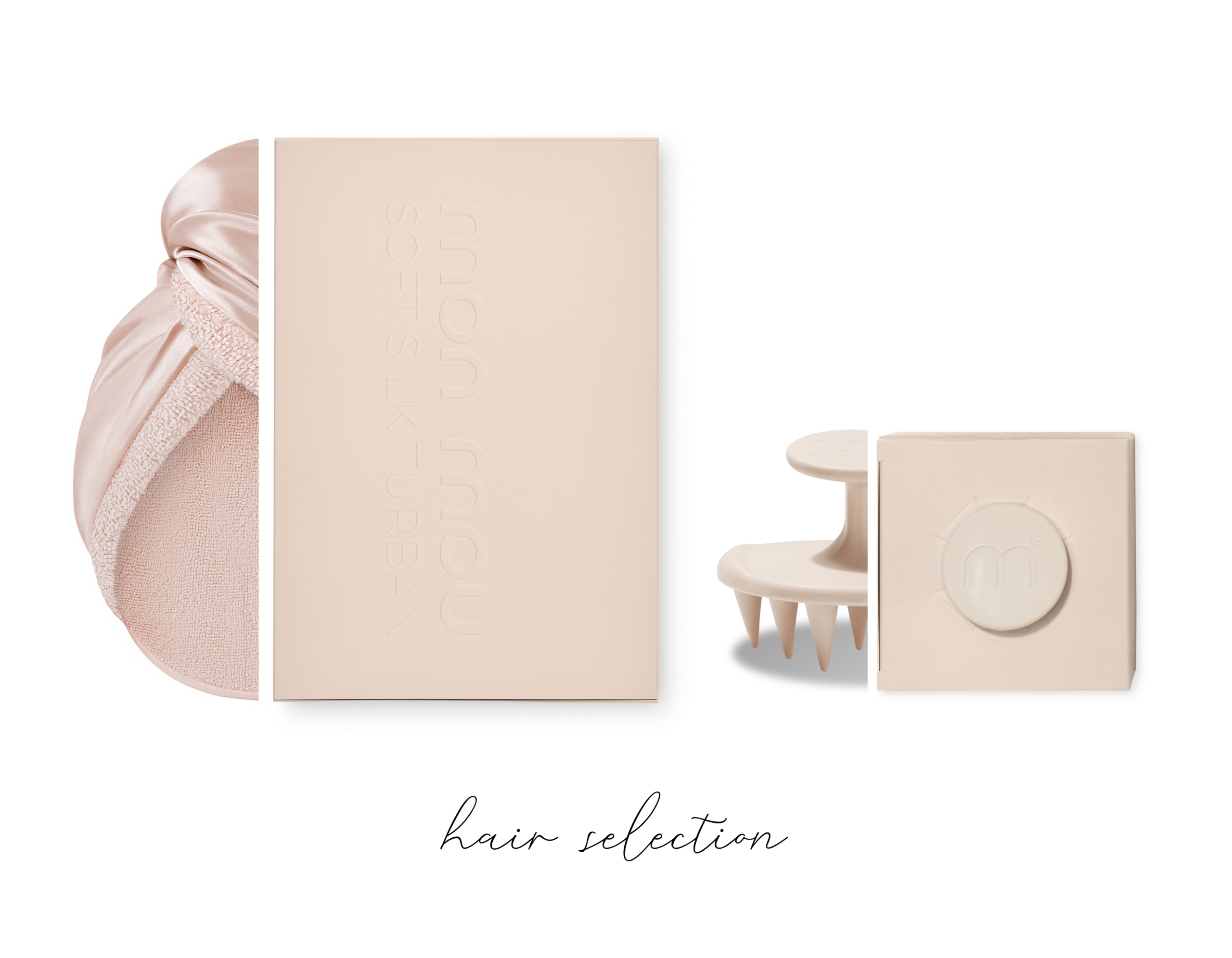 Flat lay of pale pink beauty products on a white background: towel, boxed items, and a small grooming tool, all in soft pastel tones.