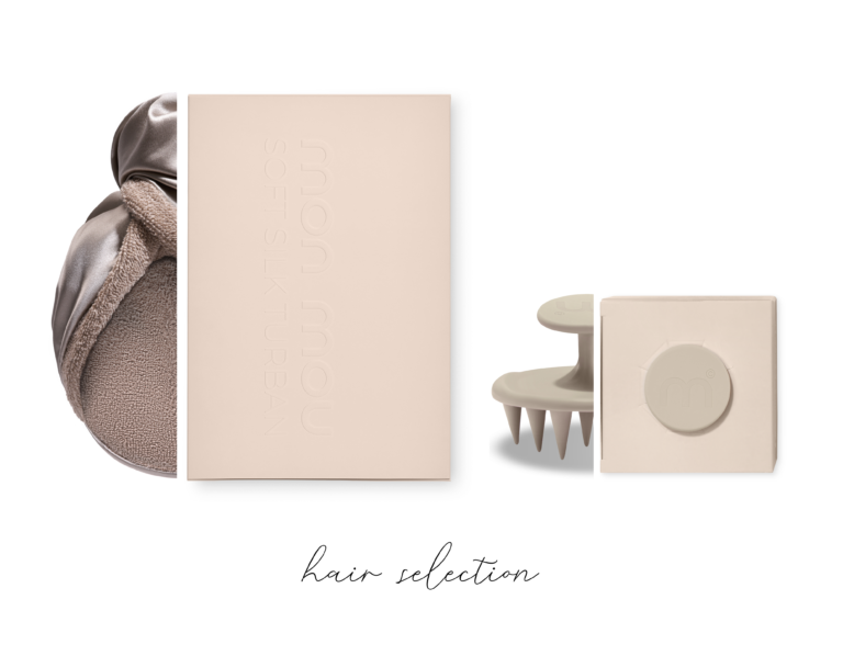 Beige flat lay of hair care products including boxes, a towel, and a hair pick on a white background with 'hair collection' text at the bottom (minimalist layout).