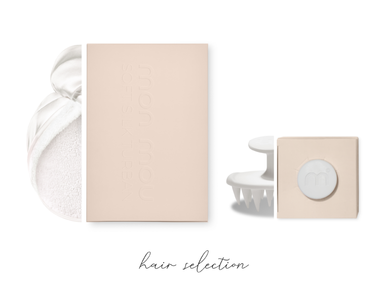 Beige packaging boxes with a soft white towel on the left and cursive 'hair selection' text at the bottom.