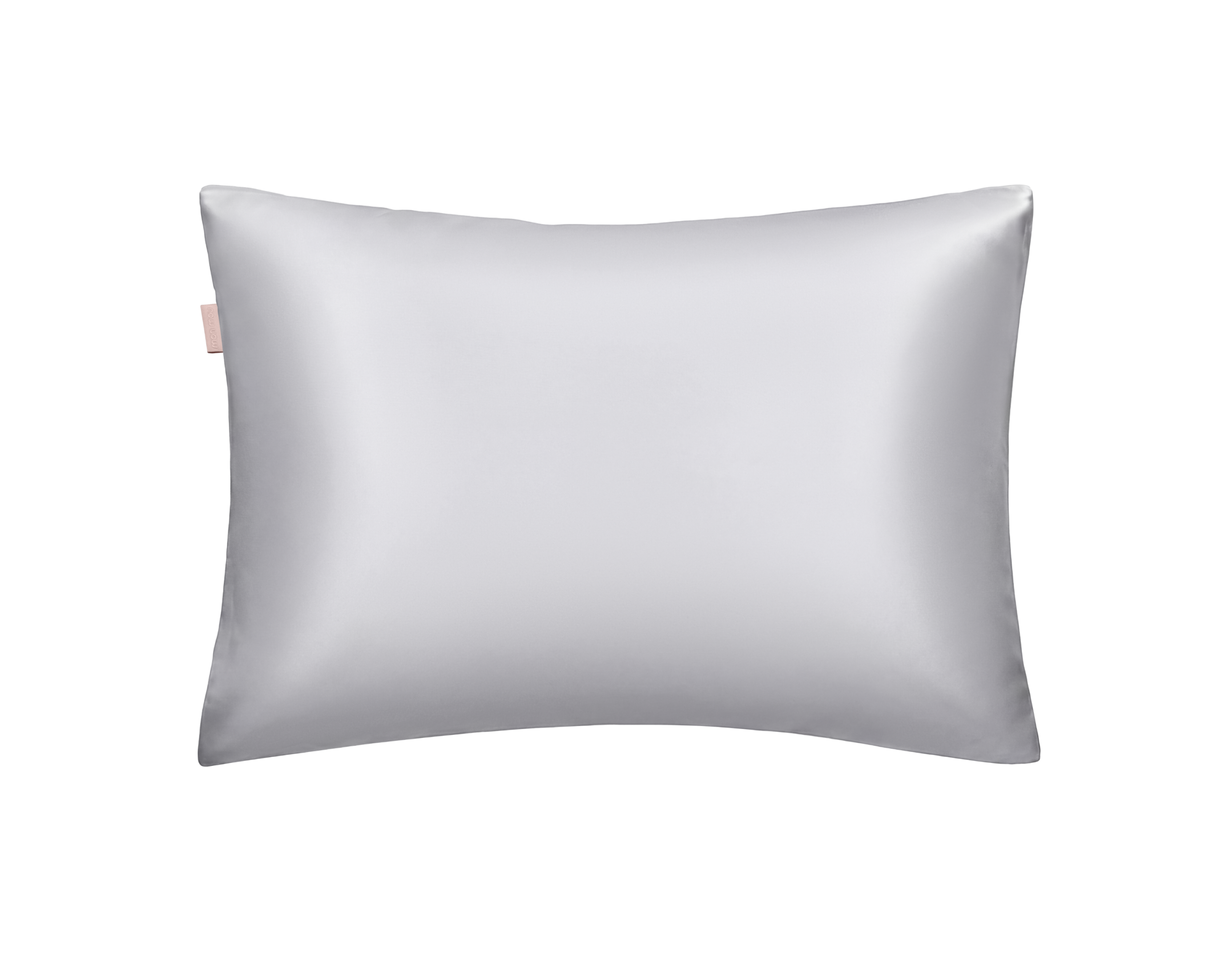 Light gray satin pillow with a small pink tag on the left edge.