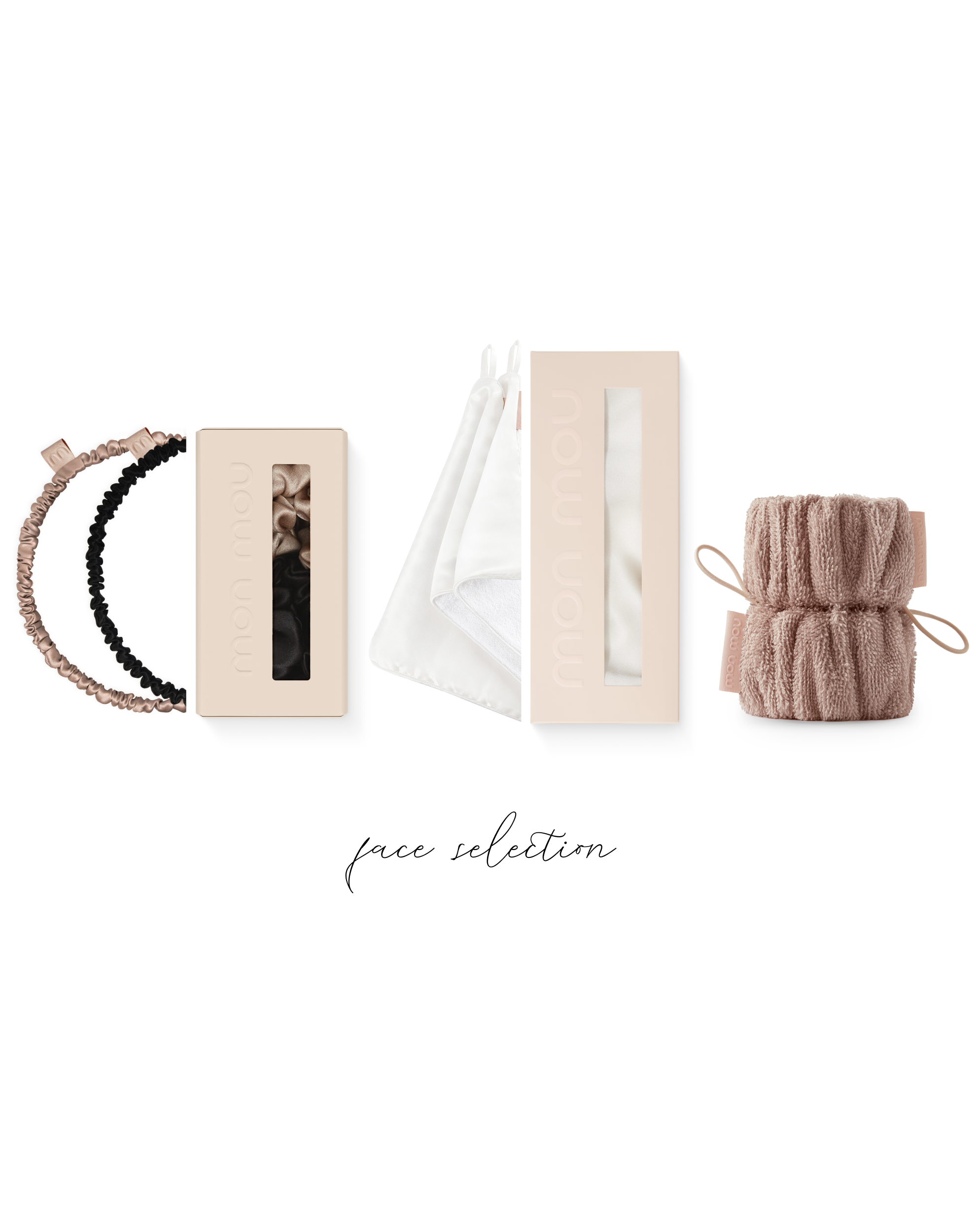 Flat lay of pale pink beauty boxes, hair elastics, white drawstring bags, and a pink knitted pouch on a white background.