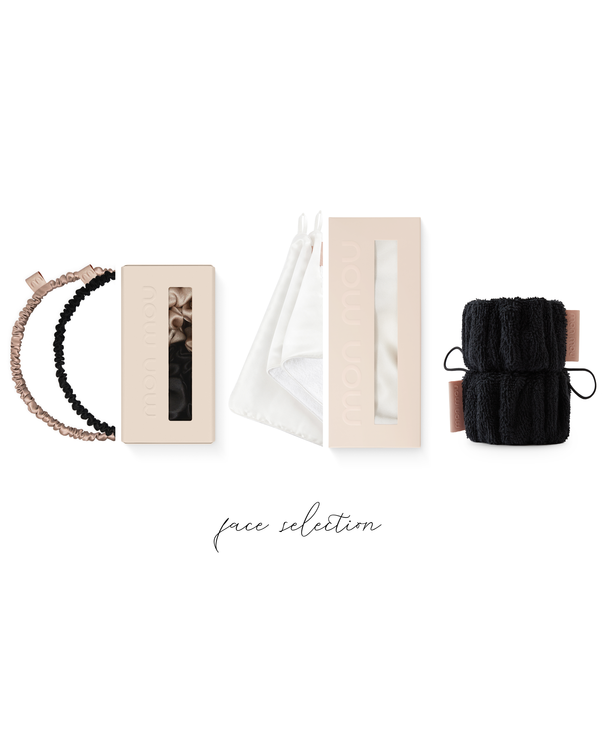 Flat lay of pastel pink beauty boxes, a white drawstring bag, two elastic hair ties, and a black knit hair tie along the bottom edge on a white background.