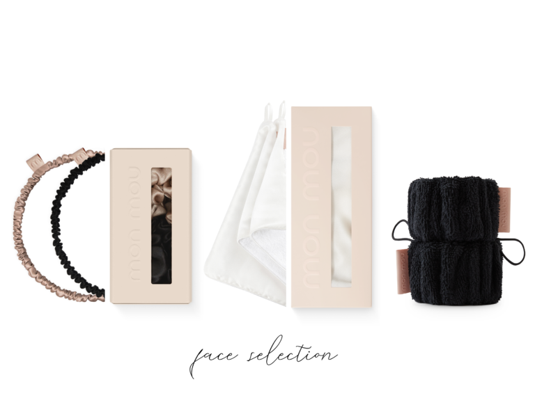 Row of nude-toned beauty accessories: beige boxes, silk/ satin scrunchies, white fabric bows, and a black fluffy hair wrap against a white background with 'lace reflection' text.