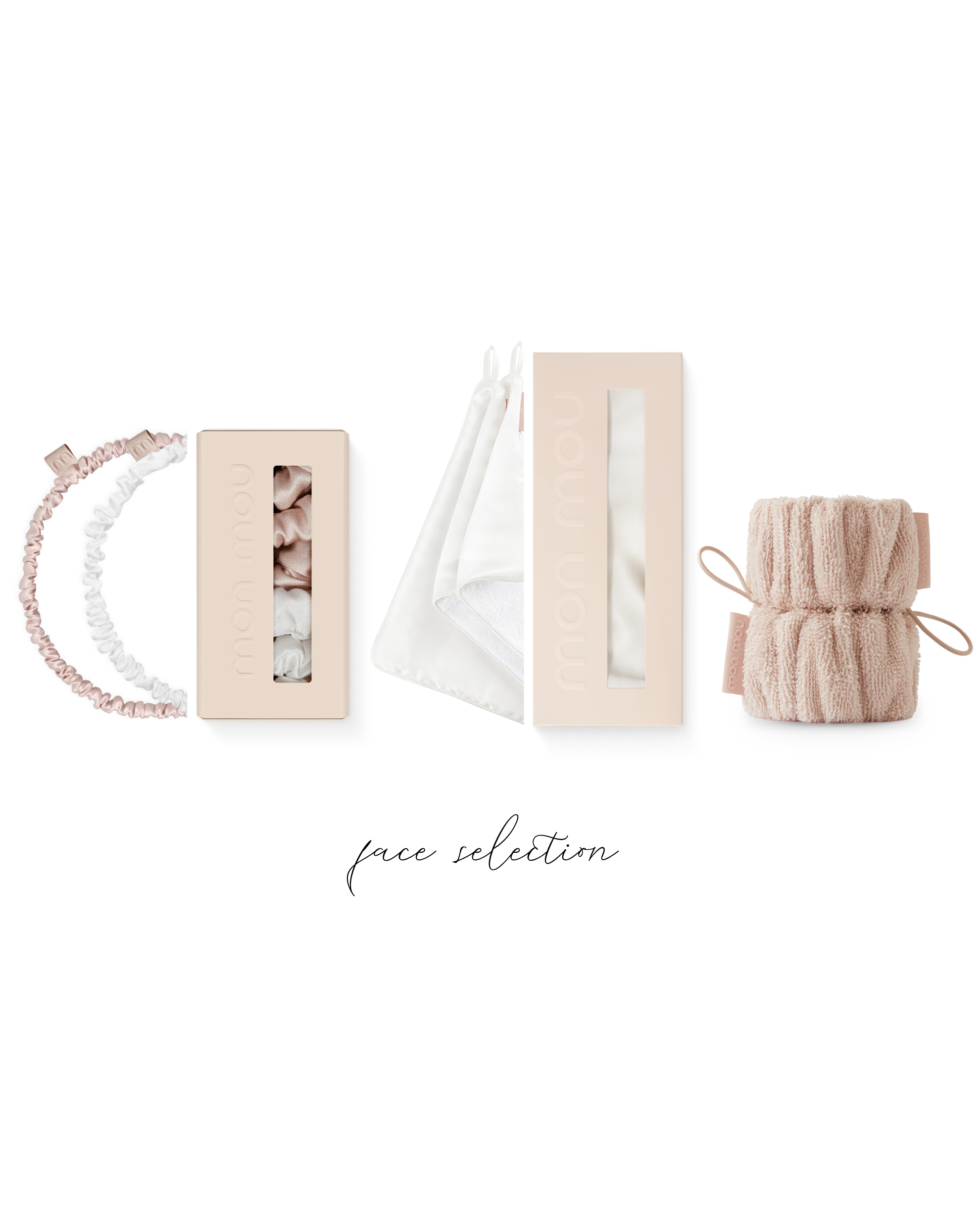 Pastel pink beauty packaging and accessories arranged in a bottom-edge collage on a white background (boxes, ribbons, scrunchies, and soft knit items).