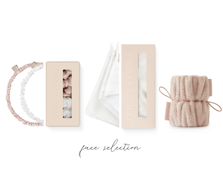 Assorted blush-pink beauty packaging, scrunchies, a satin bag, and knit accessories arranged on a white background.
