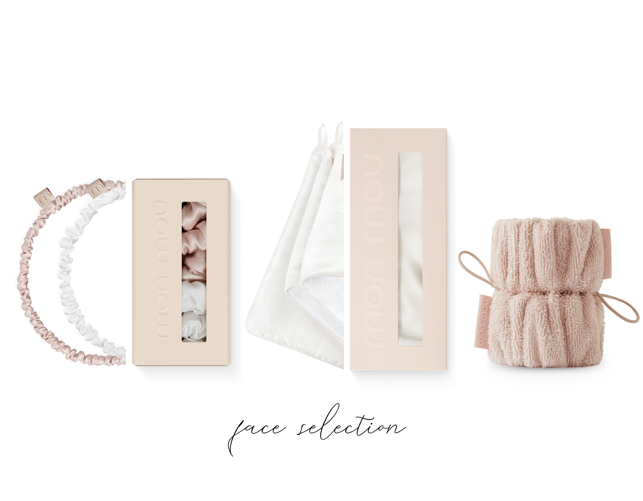 Assorted blush-pink beauty packaging, scrunchies, a satin bag, and knit accessories arranged on a white background.