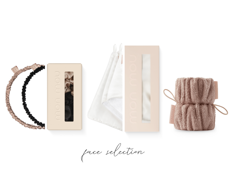 Flat lay of peach-beige beauty products: boxed items, soft hair ties, white fabric masks, and a fluffy knitted item, with 'lace collection' script visible.