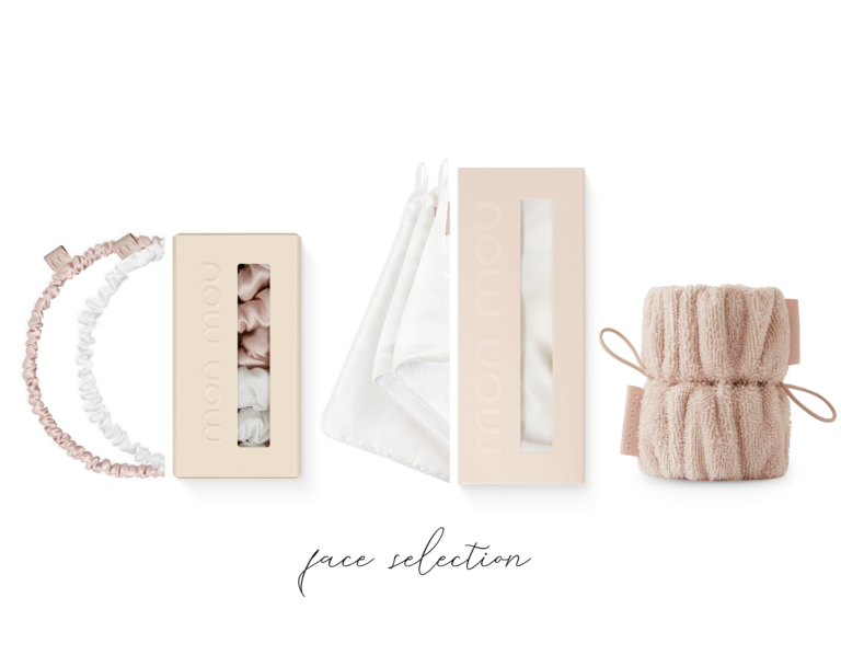 Flat lay of blush-pink beauty packaging, ribbons, and knit items on a white background with cursive 'lace reflection' text beneath.