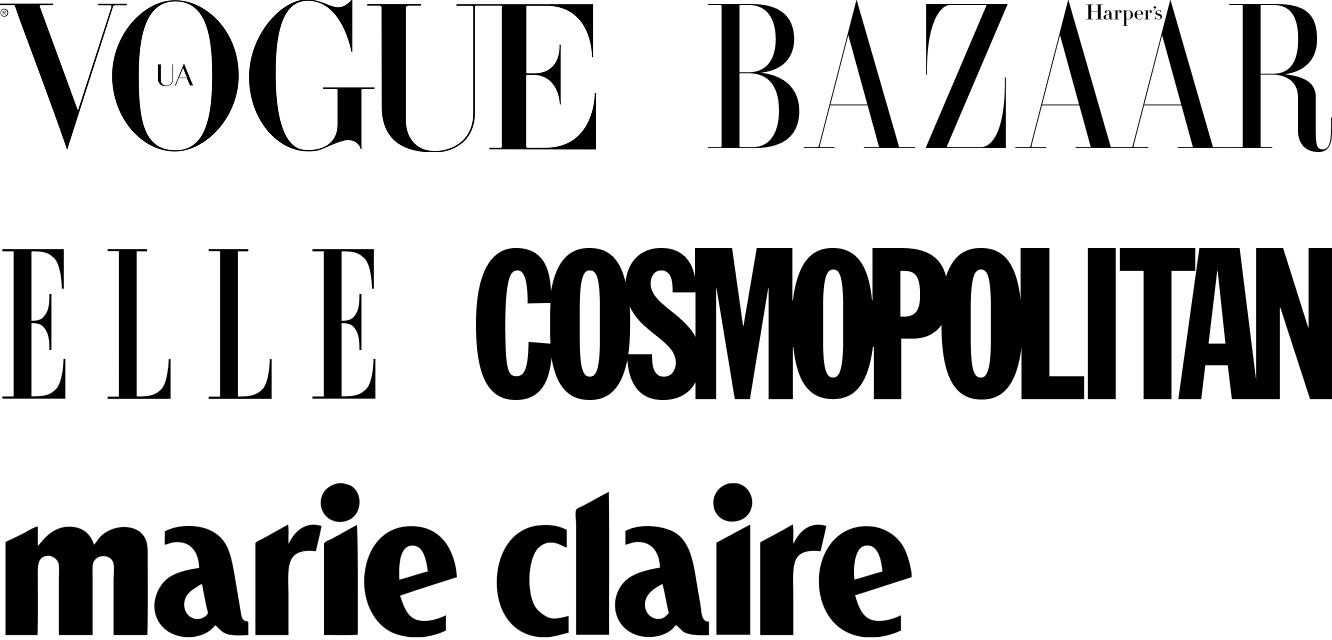 Collage of large fashion magazine mastheads: Vogue, Harper's Bazaar, Elle, Cosmopolitan, Marie Claire.