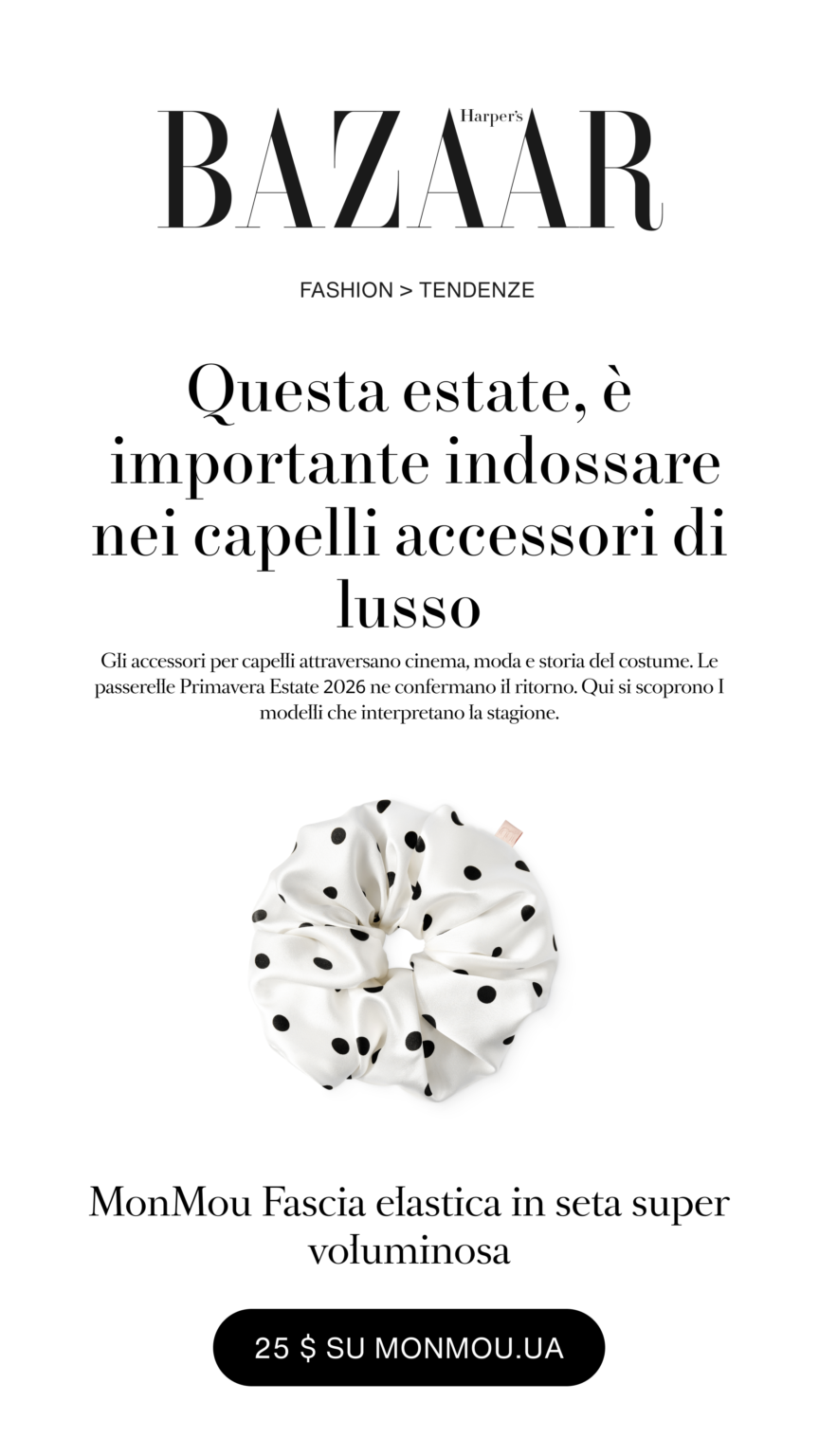 Harper's Bazaar fashion hero with Italian headline about luxury hair accessories and a polka‑dot scrunchie image.